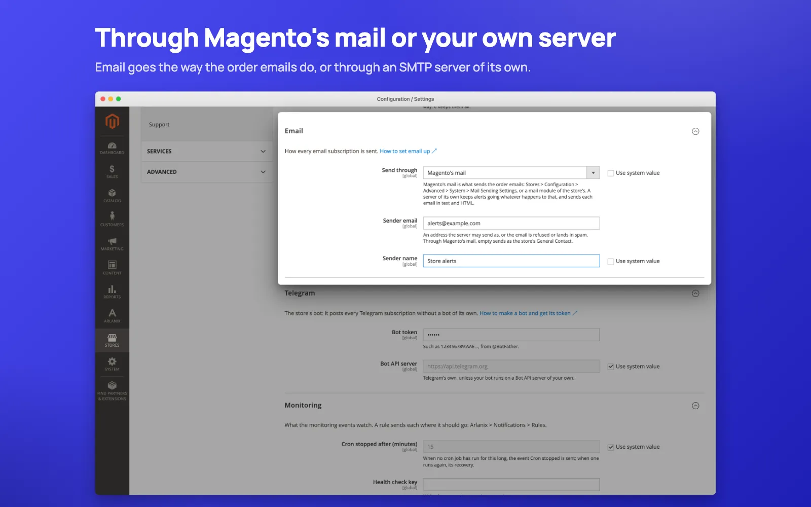Through Magento's mail or your own server: email goes the way the order emails do, or through an SMTP server of its own.