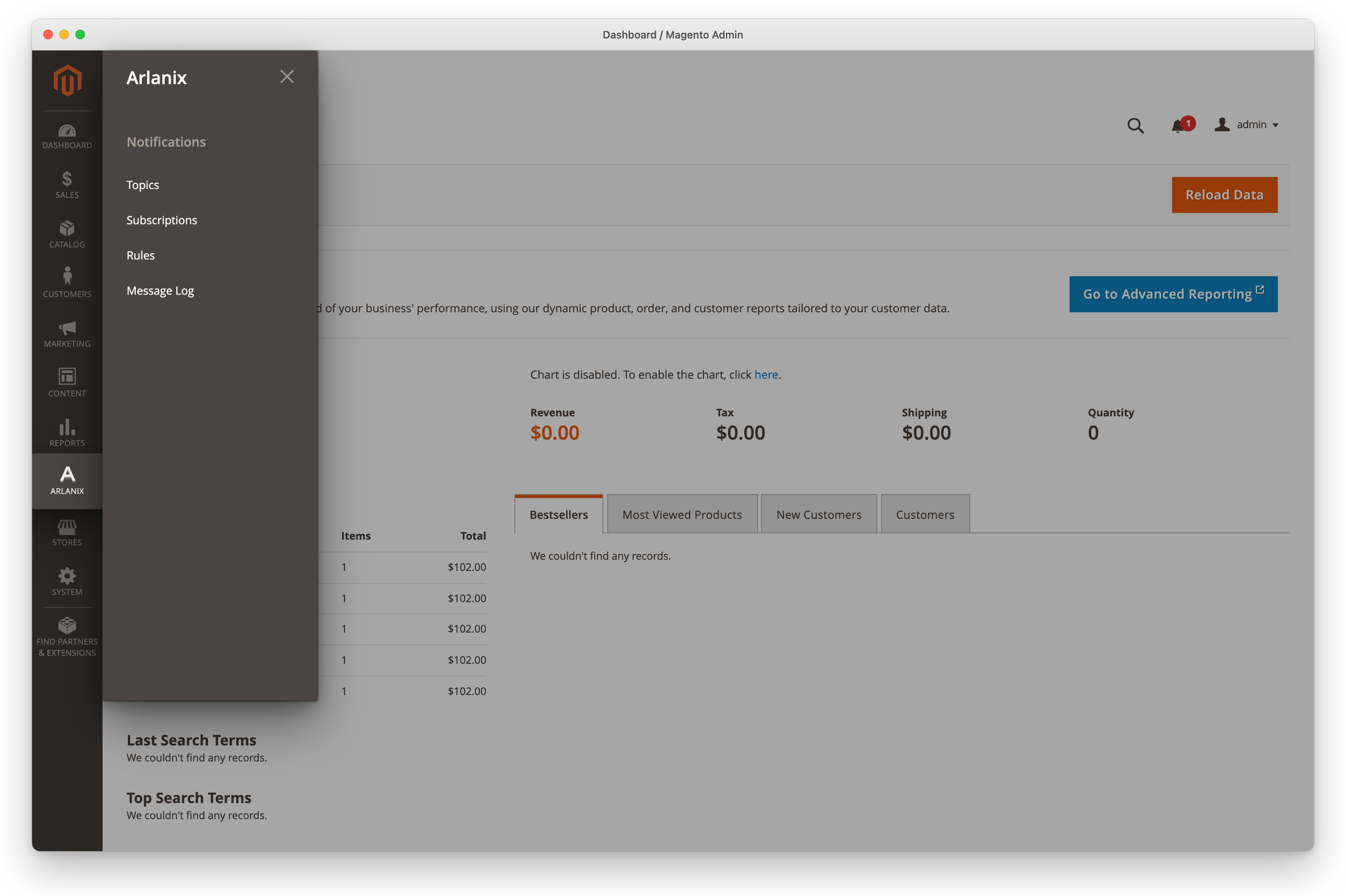 The Arlanix menu in the admin: Notifications, with Topics, Subscriptions, Rules and Message Log under it