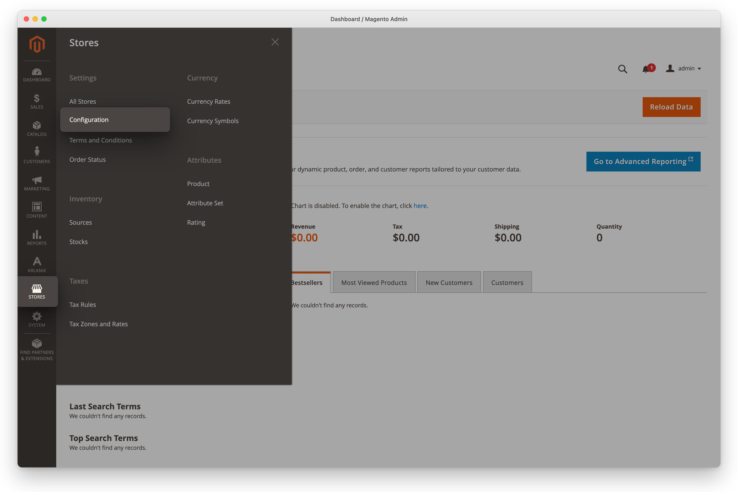 The Stores menu open, with Configuration lifted