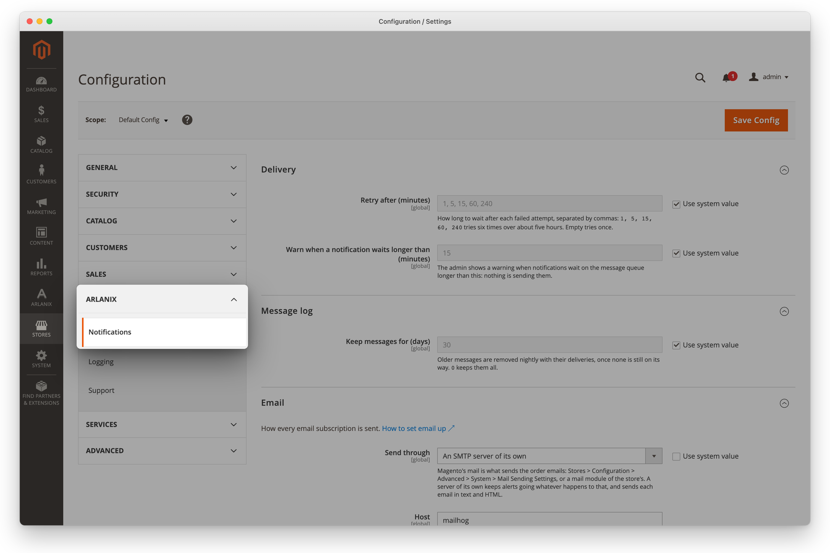 The configuration's list: Arlanix open, with Notifications