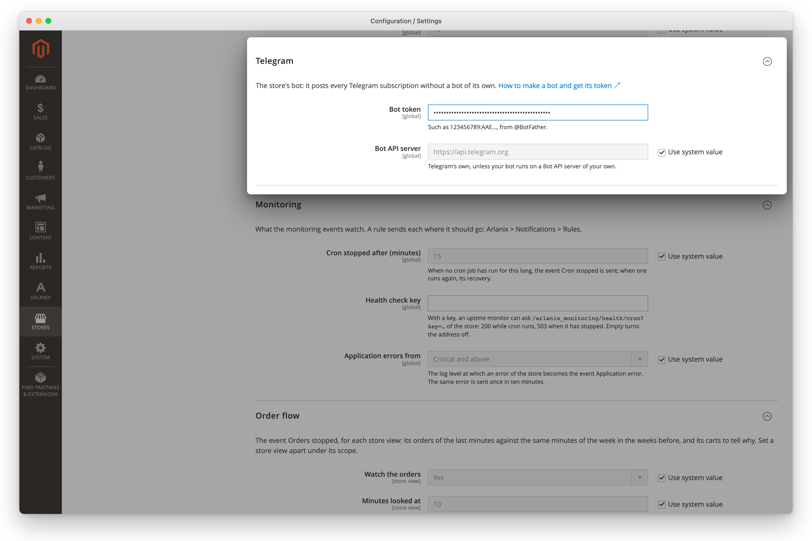 The Telegram settings: Bot token and Bot API server
