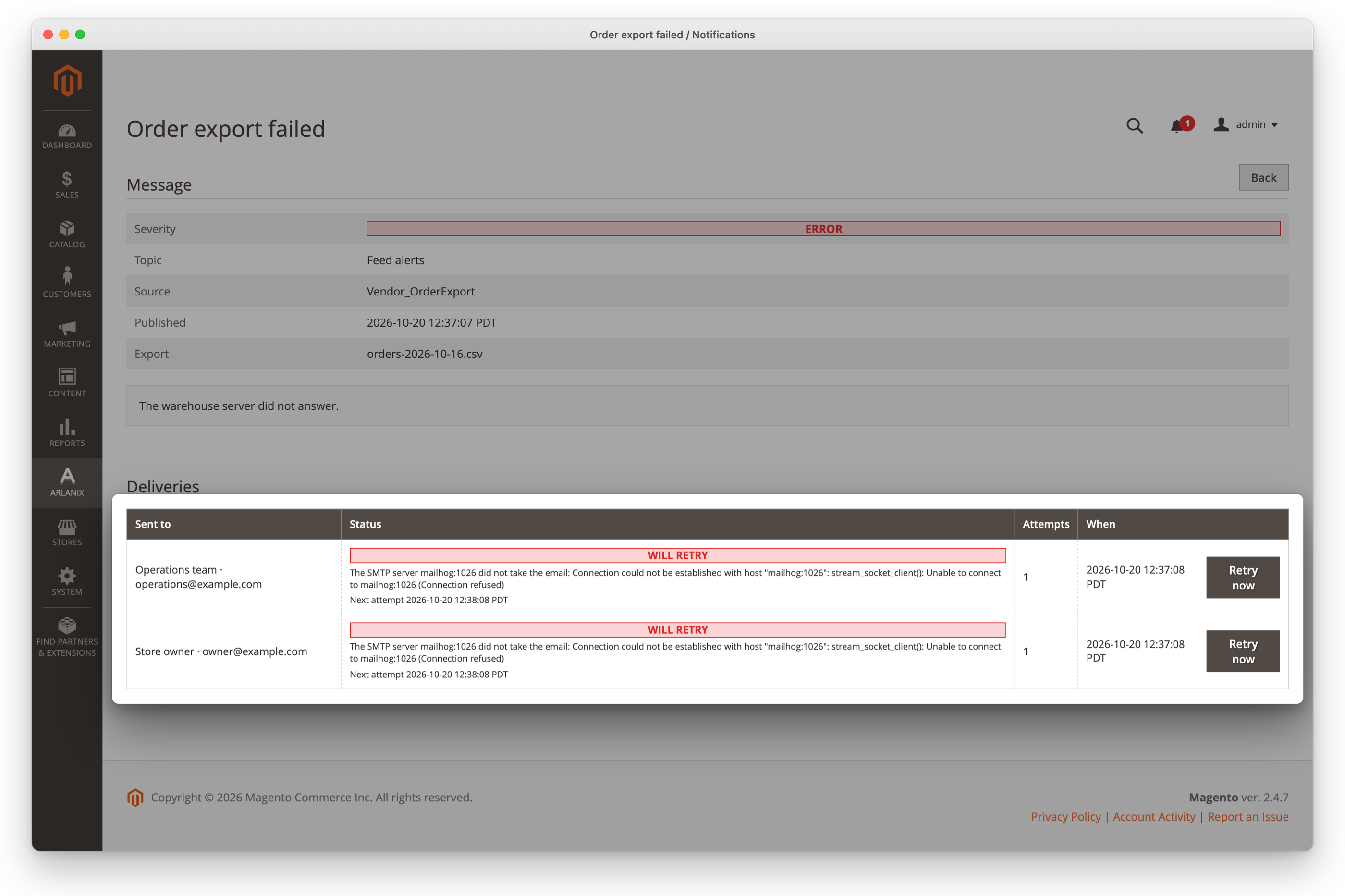 A delivery that failed, with what the server said and Retry now
