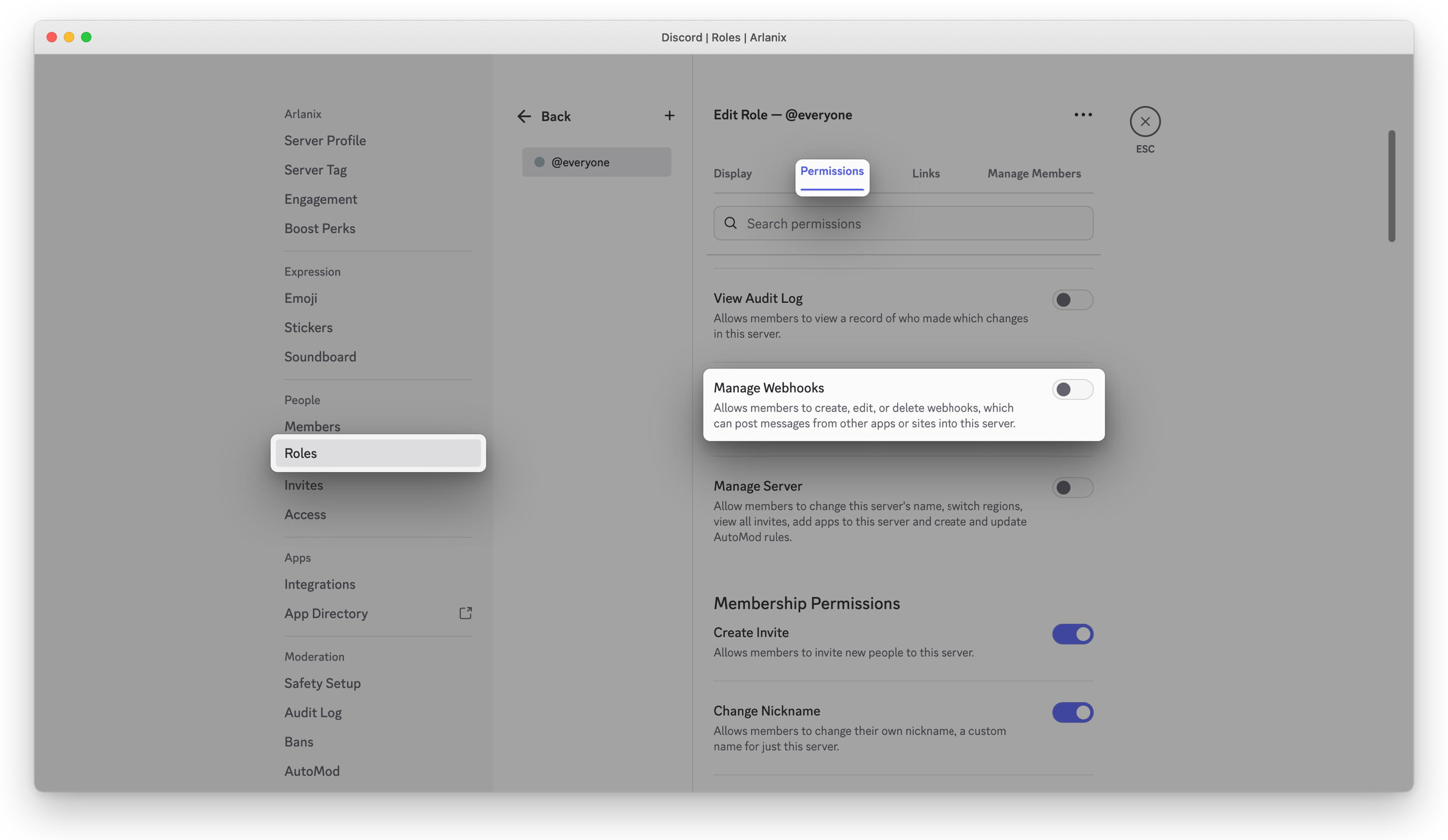 Server Settings > Roles: the role's Permissions, Manage Webhooks