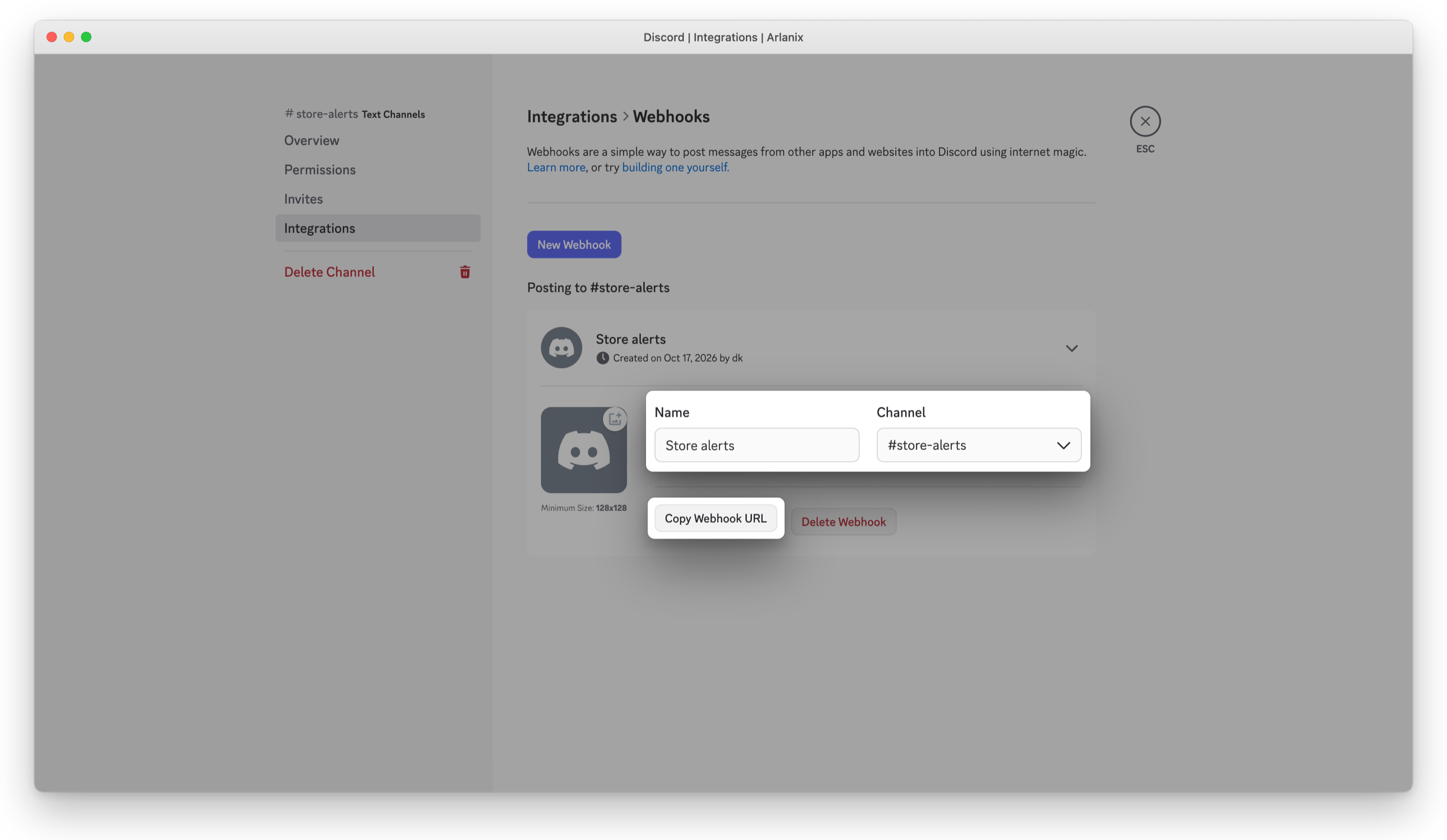 The webhook named Store alerts, posting to #store-alerts, and Copy Webhook URL