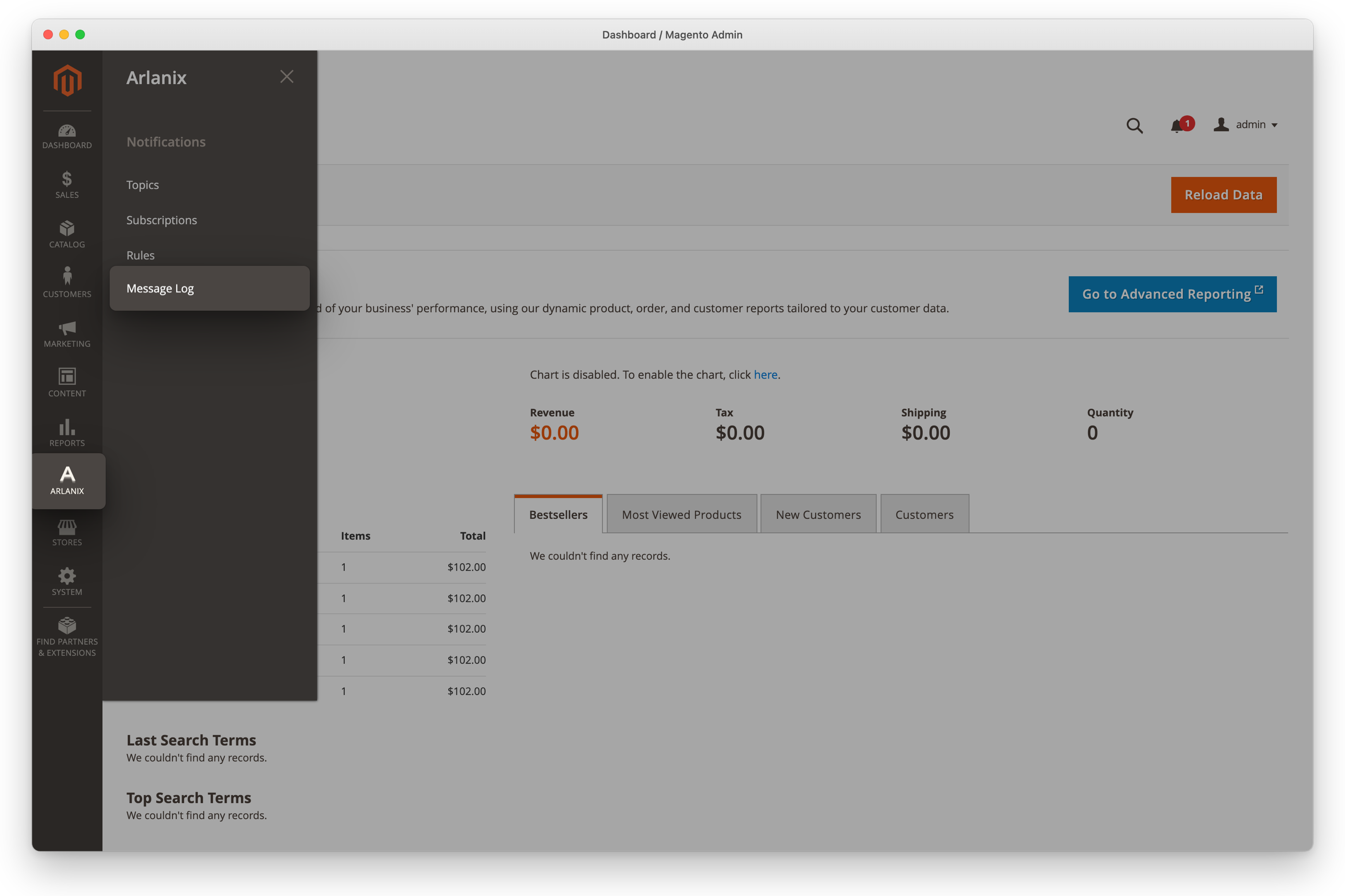 The Arlanix menu open, with Message Log lifted