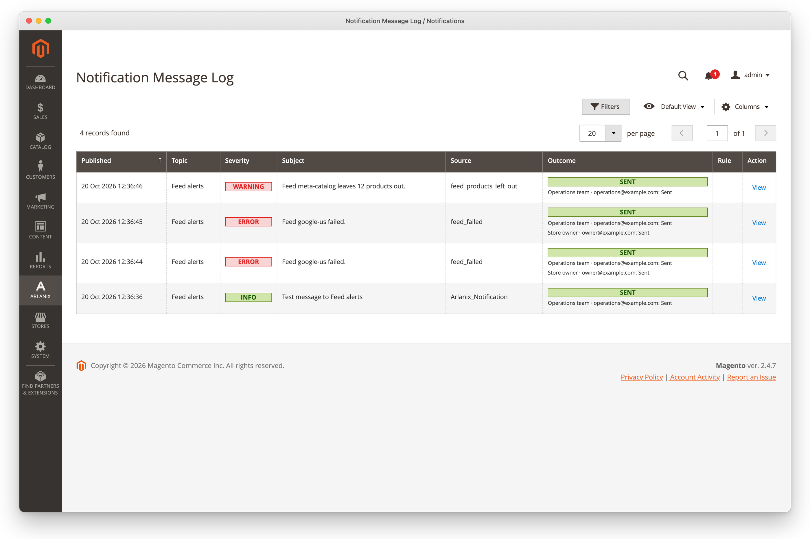 The Message Log: when, topic, severity, subject, source, the rule that sent it, and the outcome of each message, with where each delivery went
