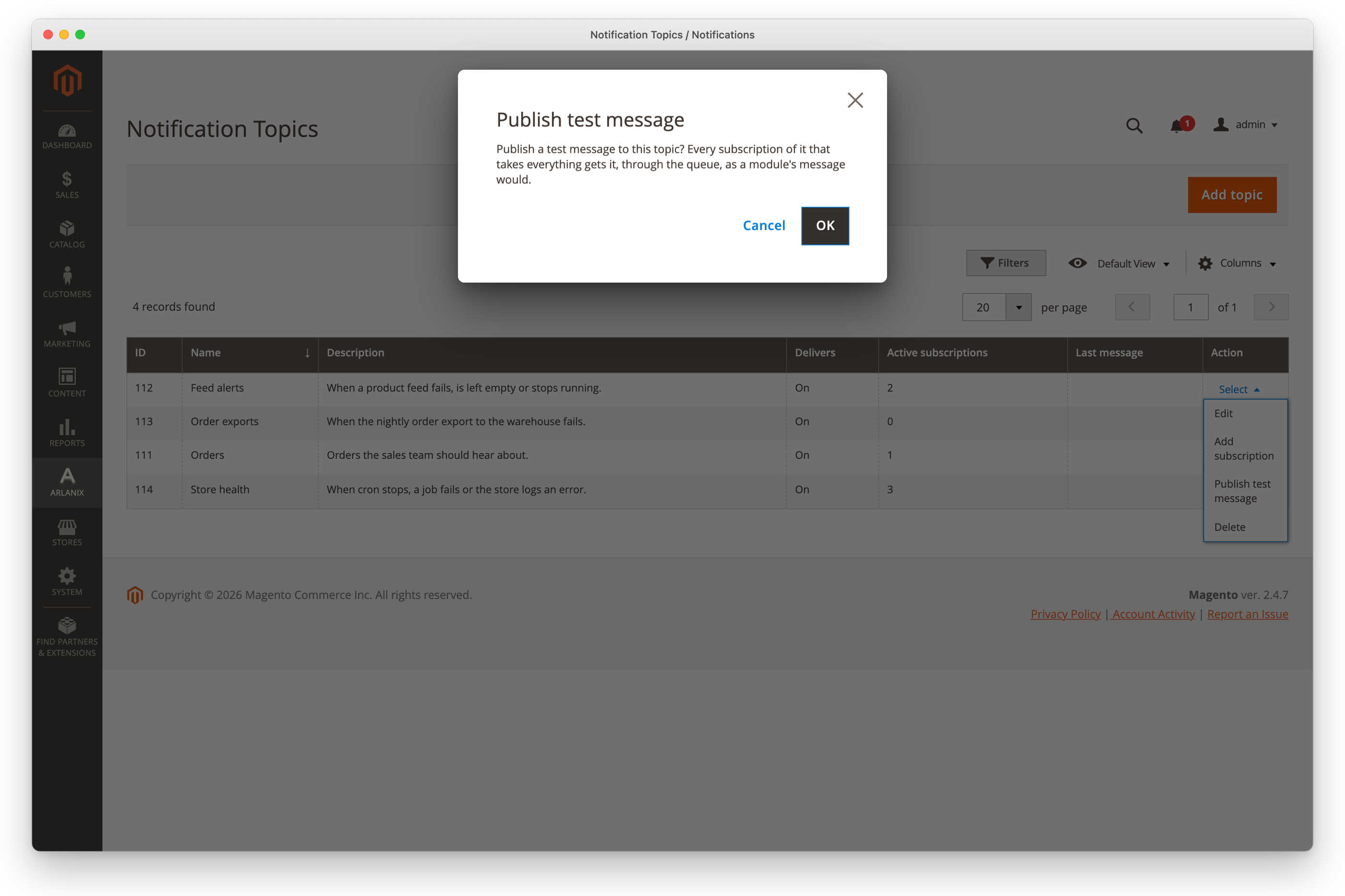 The confirmation before a test message is published to the topic