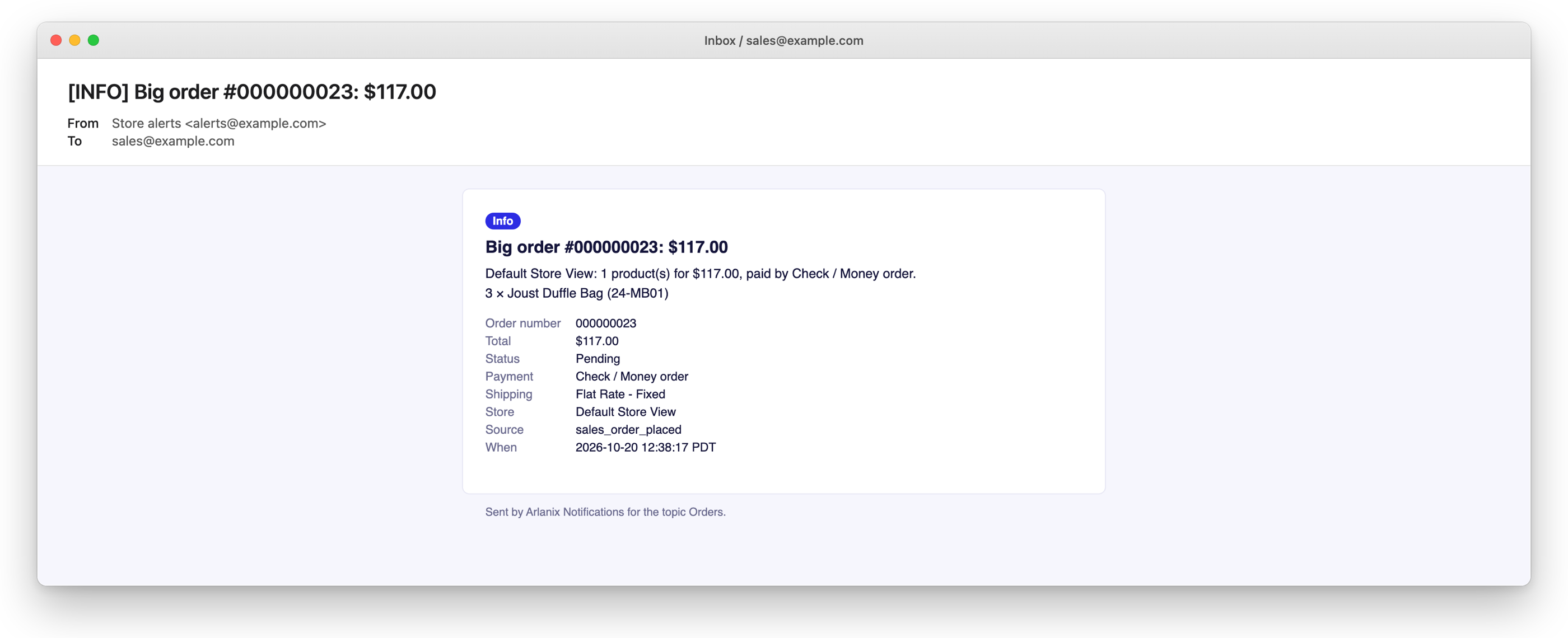 The email the rule sent for an order of $117
