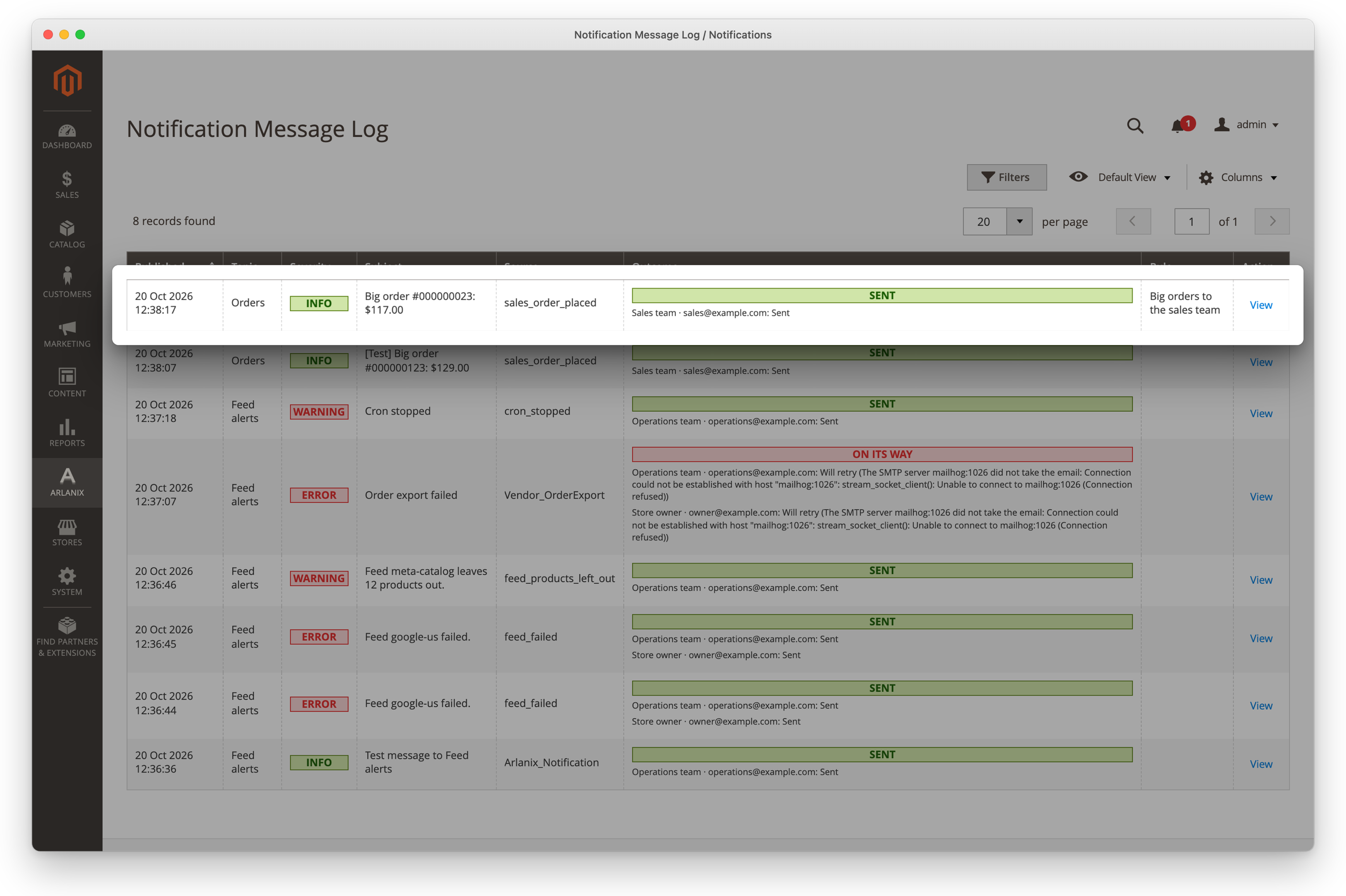 The Message Log: a Big order message, with the rule that sent it