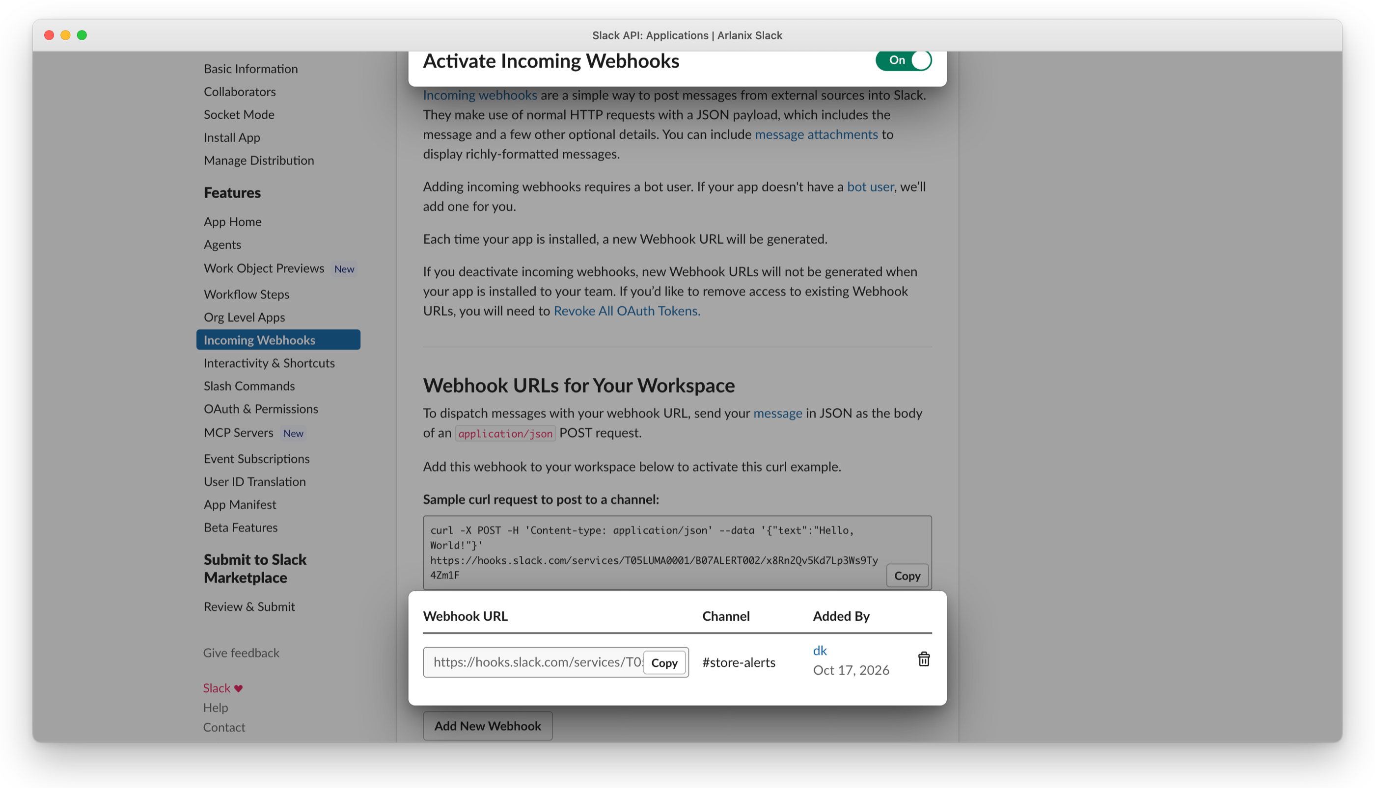 Incoming Webhooks switched on, the channel's Webhook URL with Copy