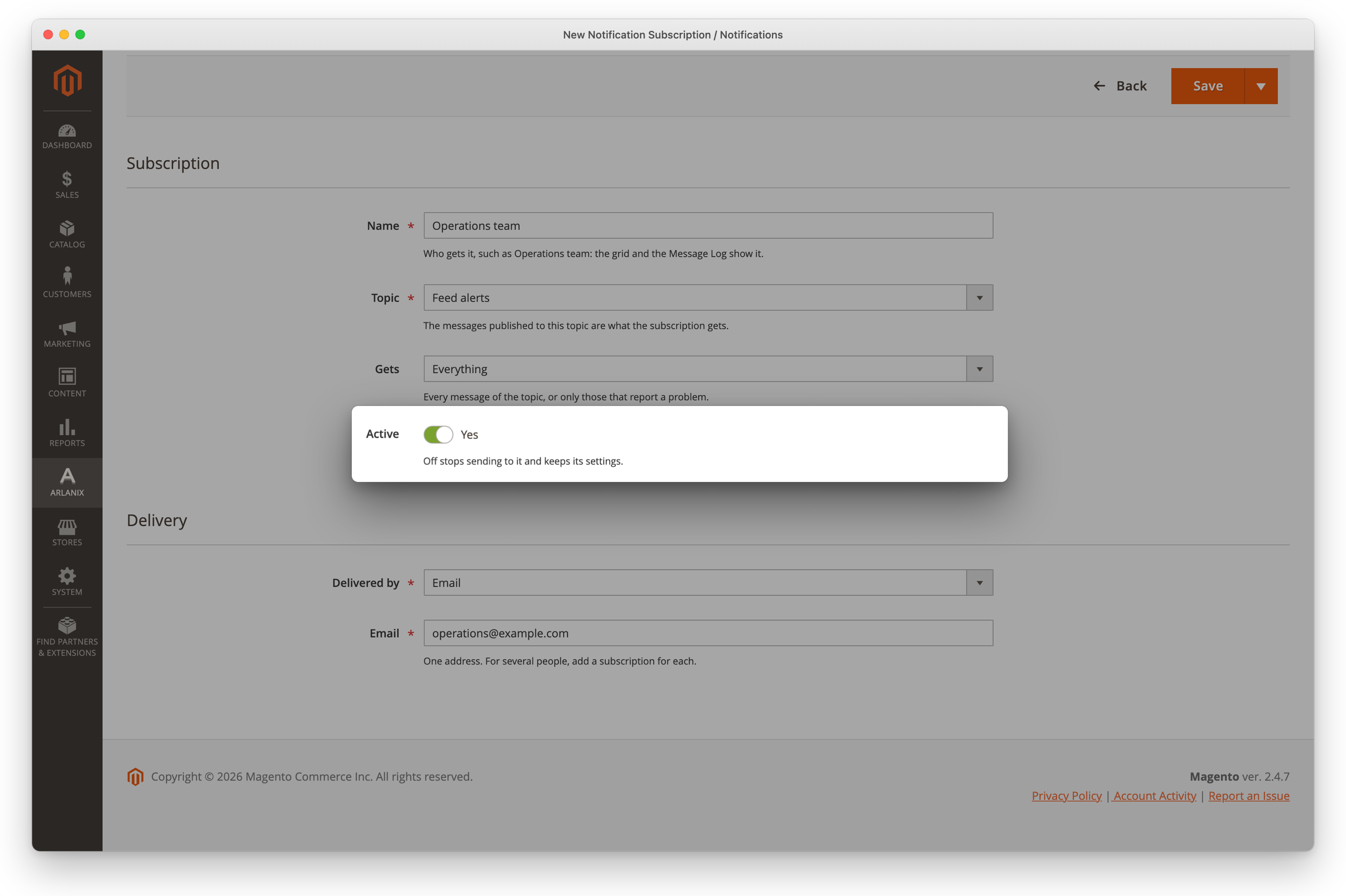 Active on the subscription form