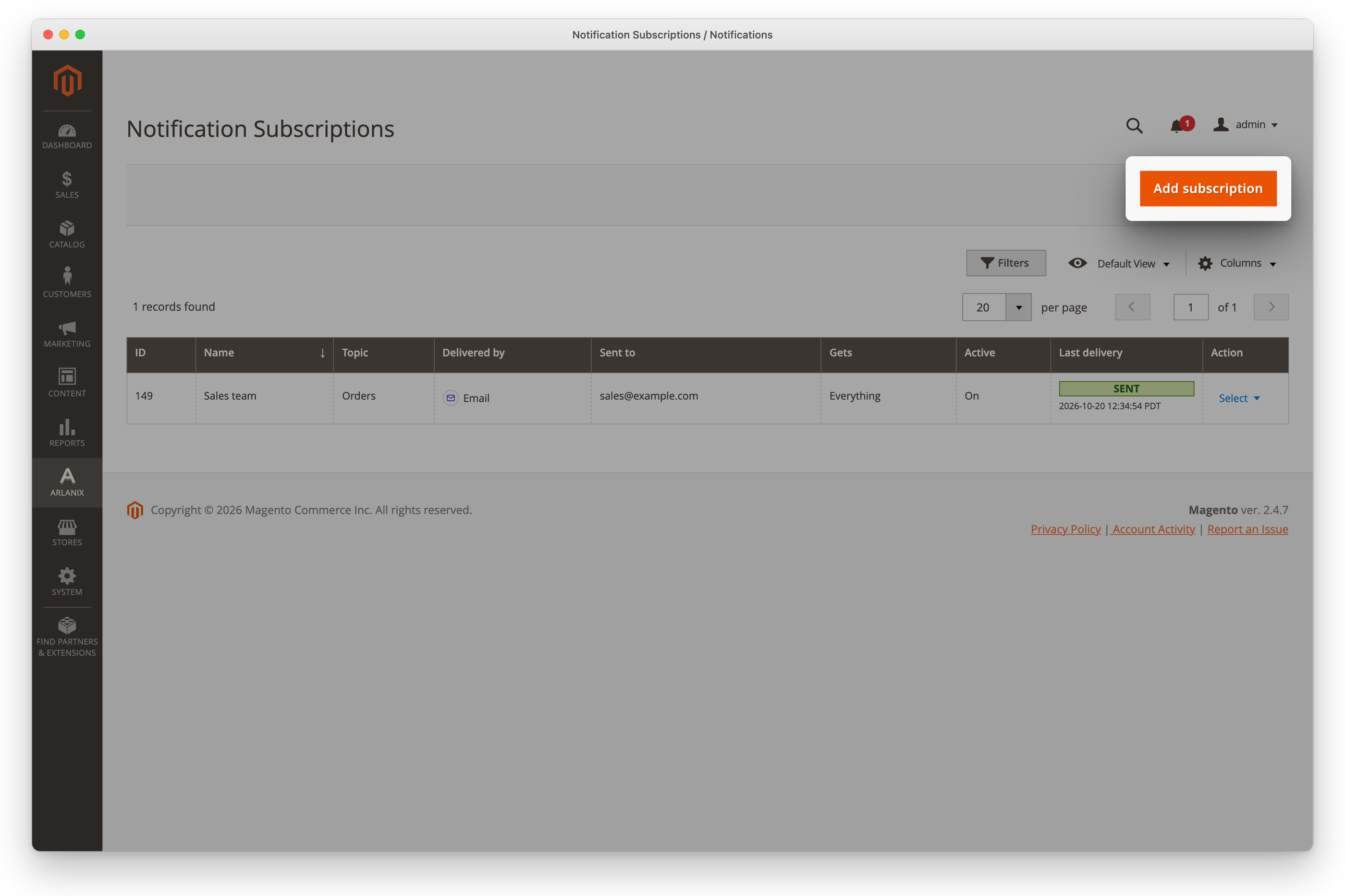 The Subscriptions grid with Add subscription lifted
