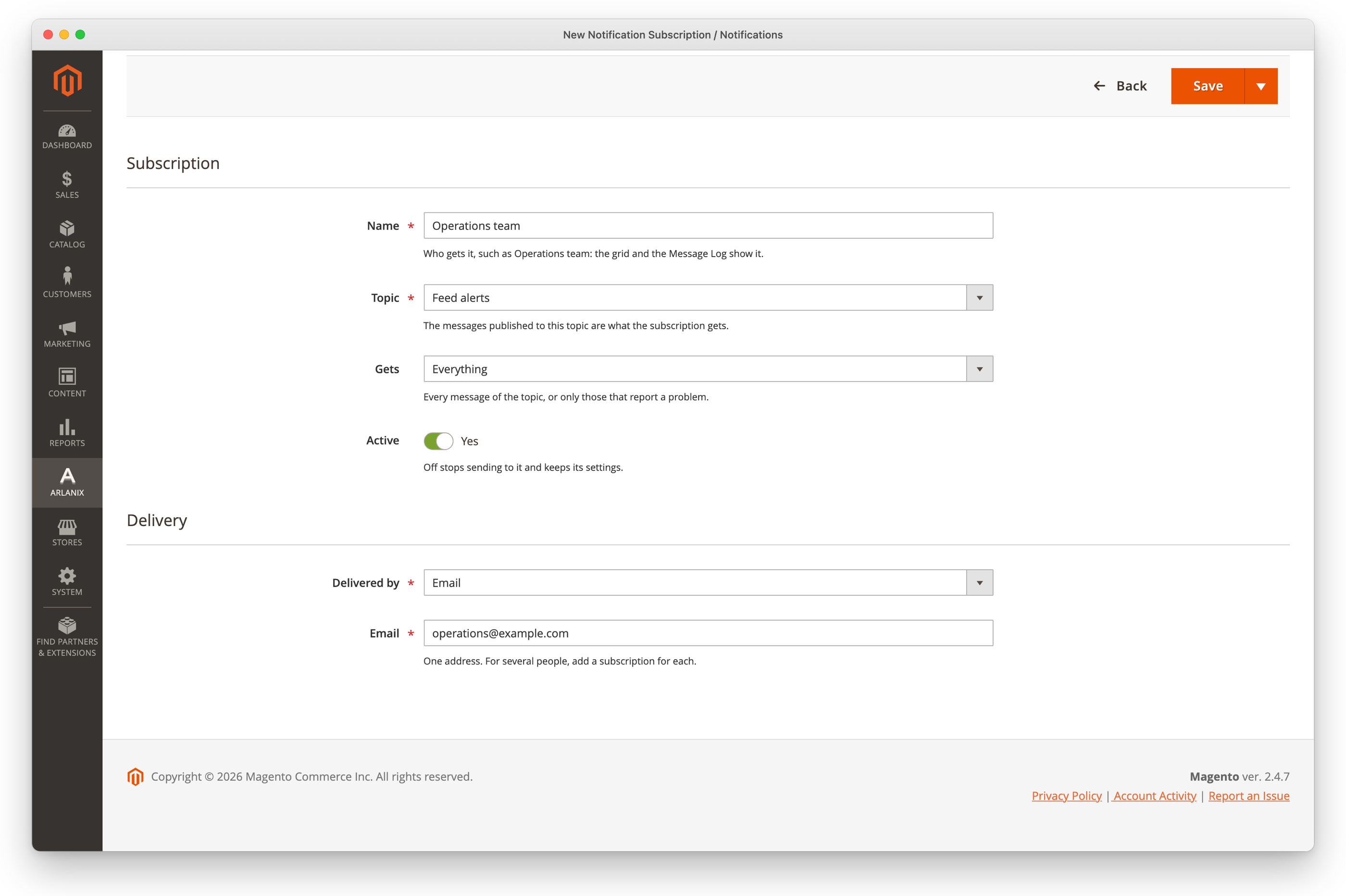The subscription form: Operations team, Feed alerts, Everything, Active, Email, operations@example.com