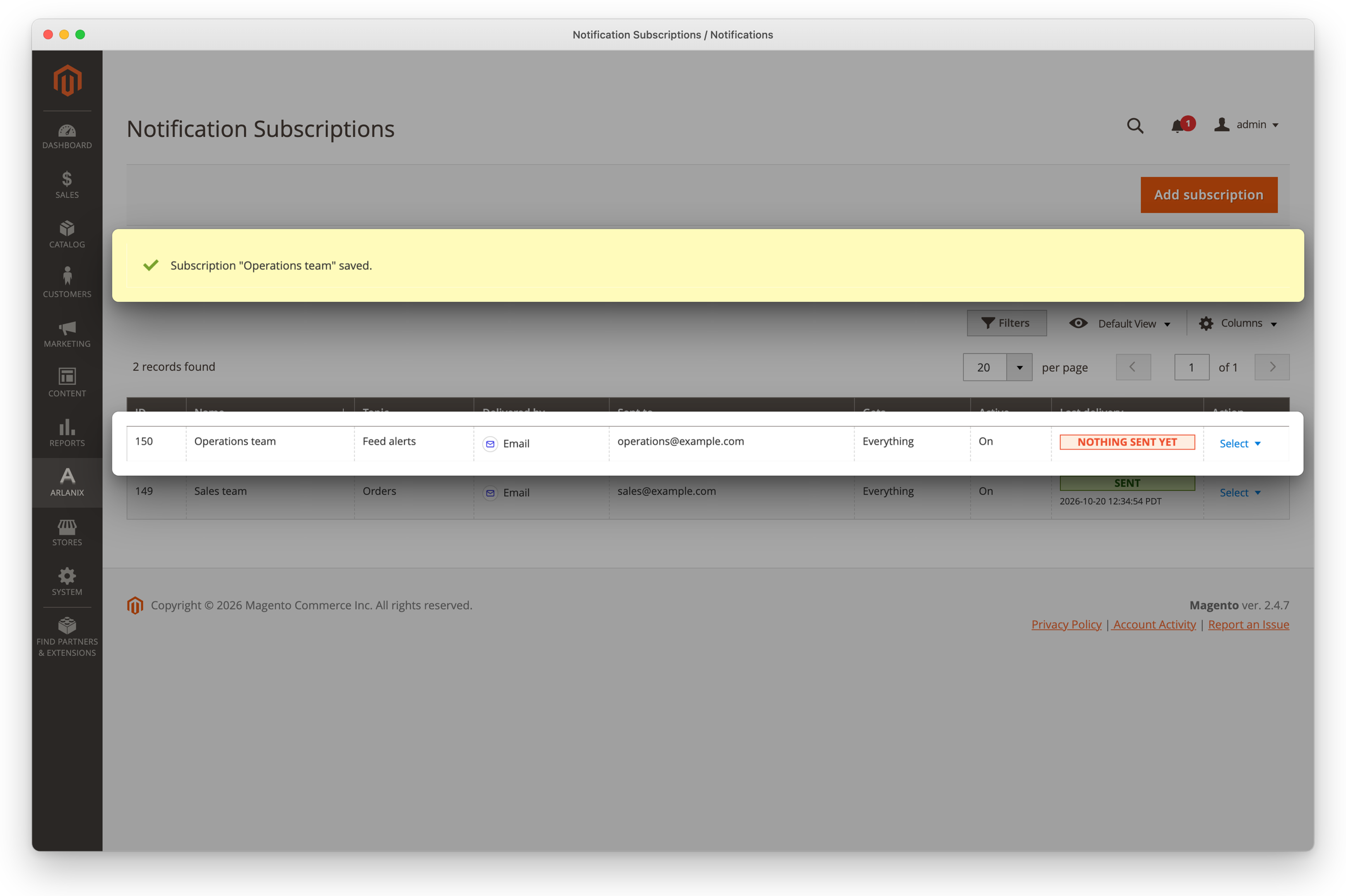 The Subscriptions grid after the save: the message and the Operations team row