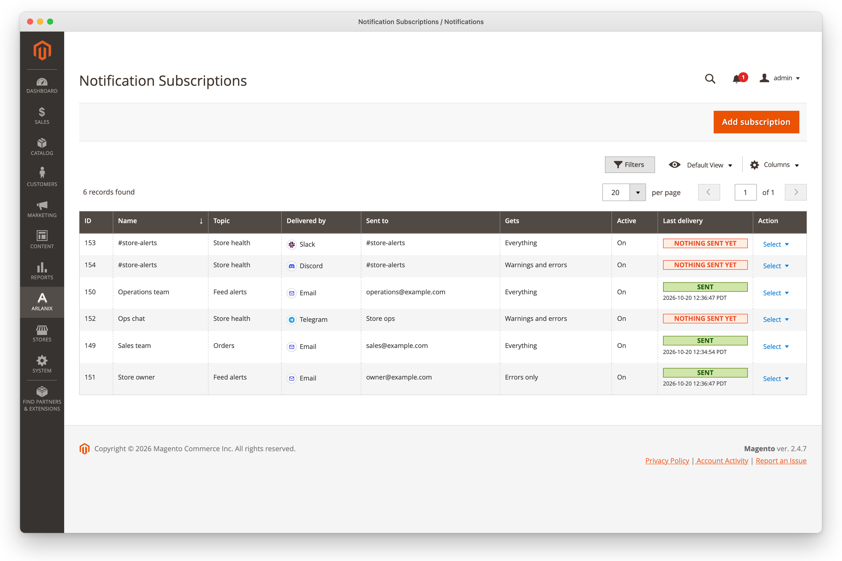The Subscriptions grid: name, topic, how it is delivered, where to, which messages it gets and how the last delivery went