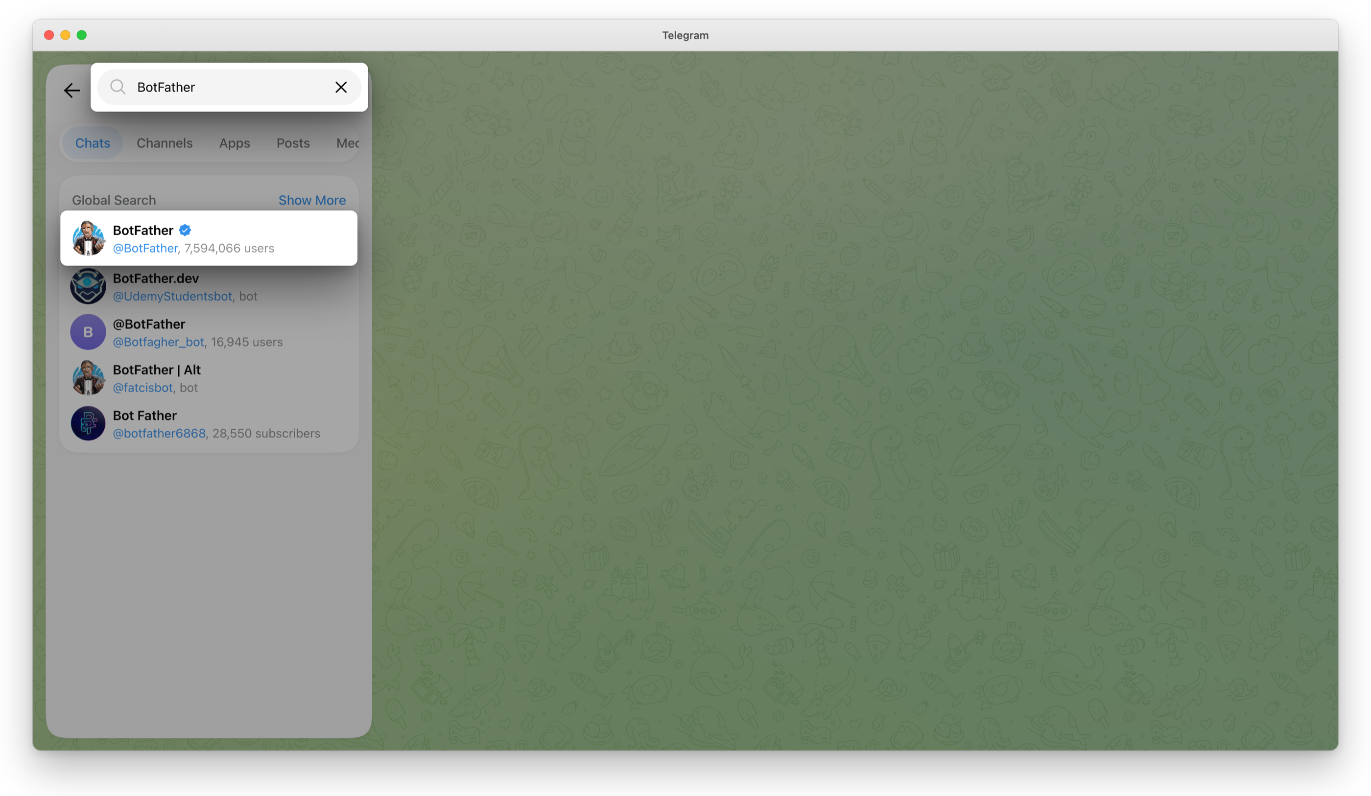 Telegram's search: @BotFather with the blue check, above others that borrow its name