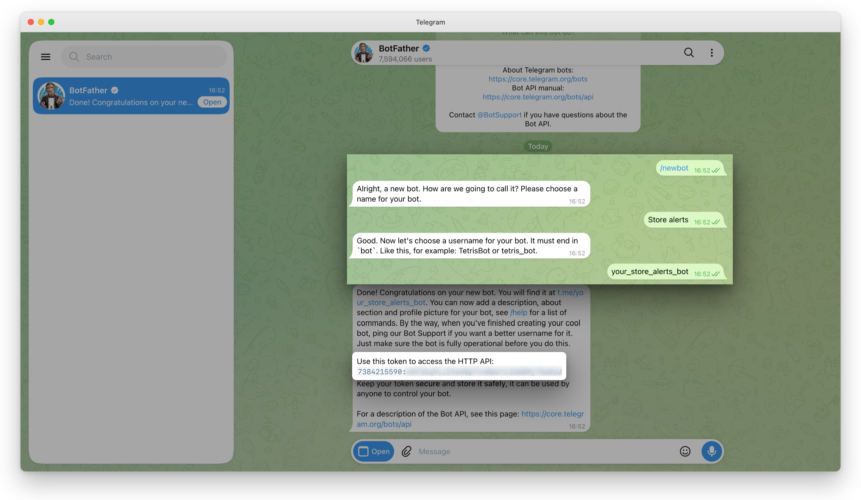 BotFather: /newbot, the name Store alerts, the username your_store_alerts_bot, and the bot's token