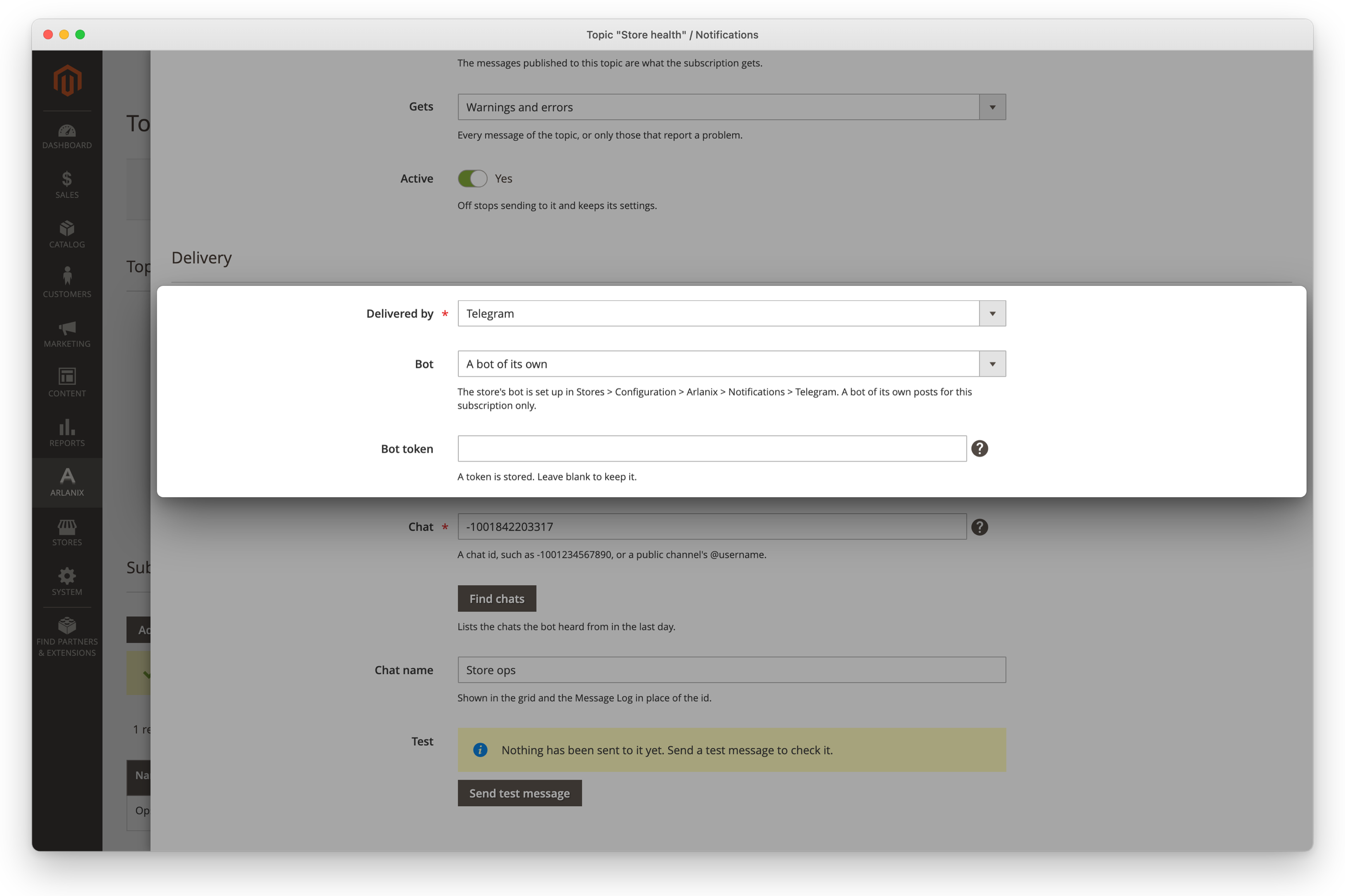 The subscription posting as a bot of its own: Bot token, which says a token is stored