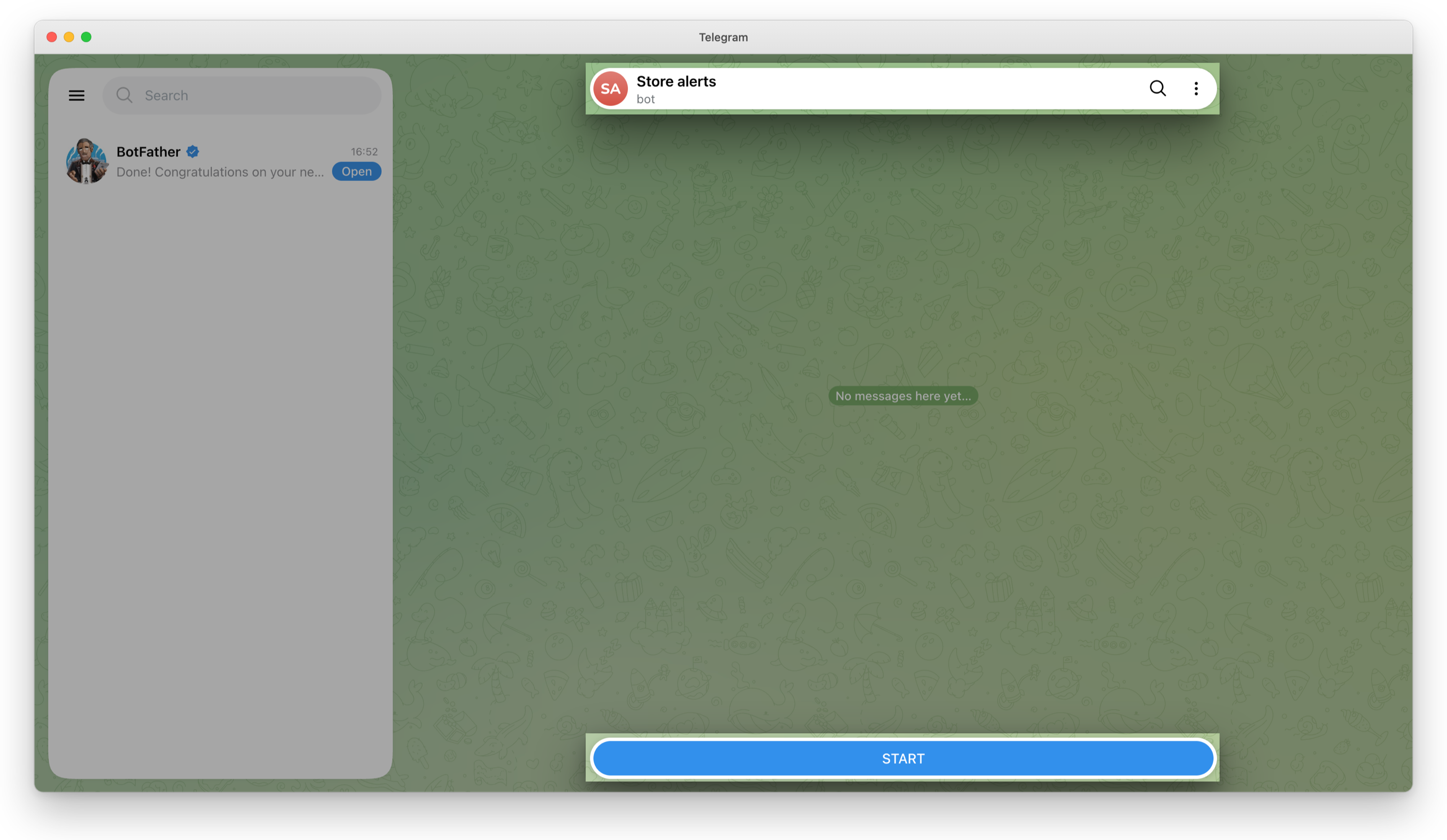 The bot's chat, Store alerts, and Start