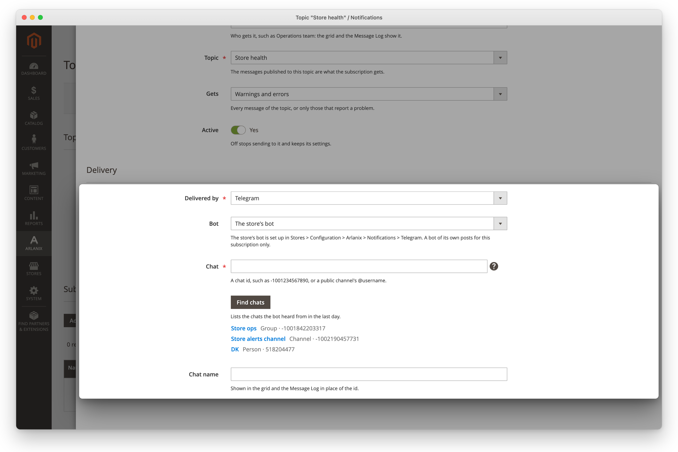The subscription form for Telegram: Bot, Chat, Find chats listing the chats the bot heard from, and Chat name