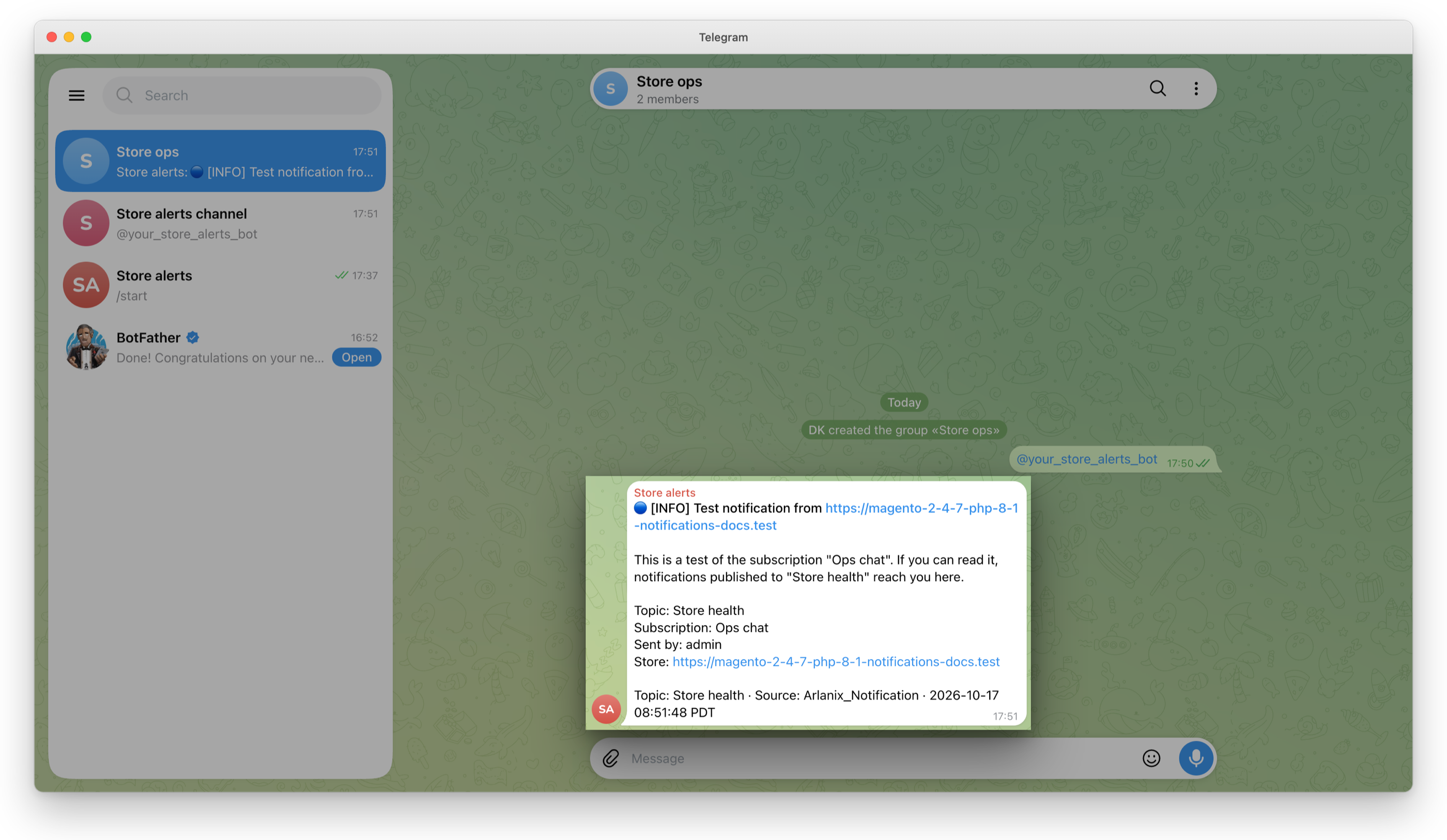The test in the group Store ops: Test notification from the store, from the bot Store alerts