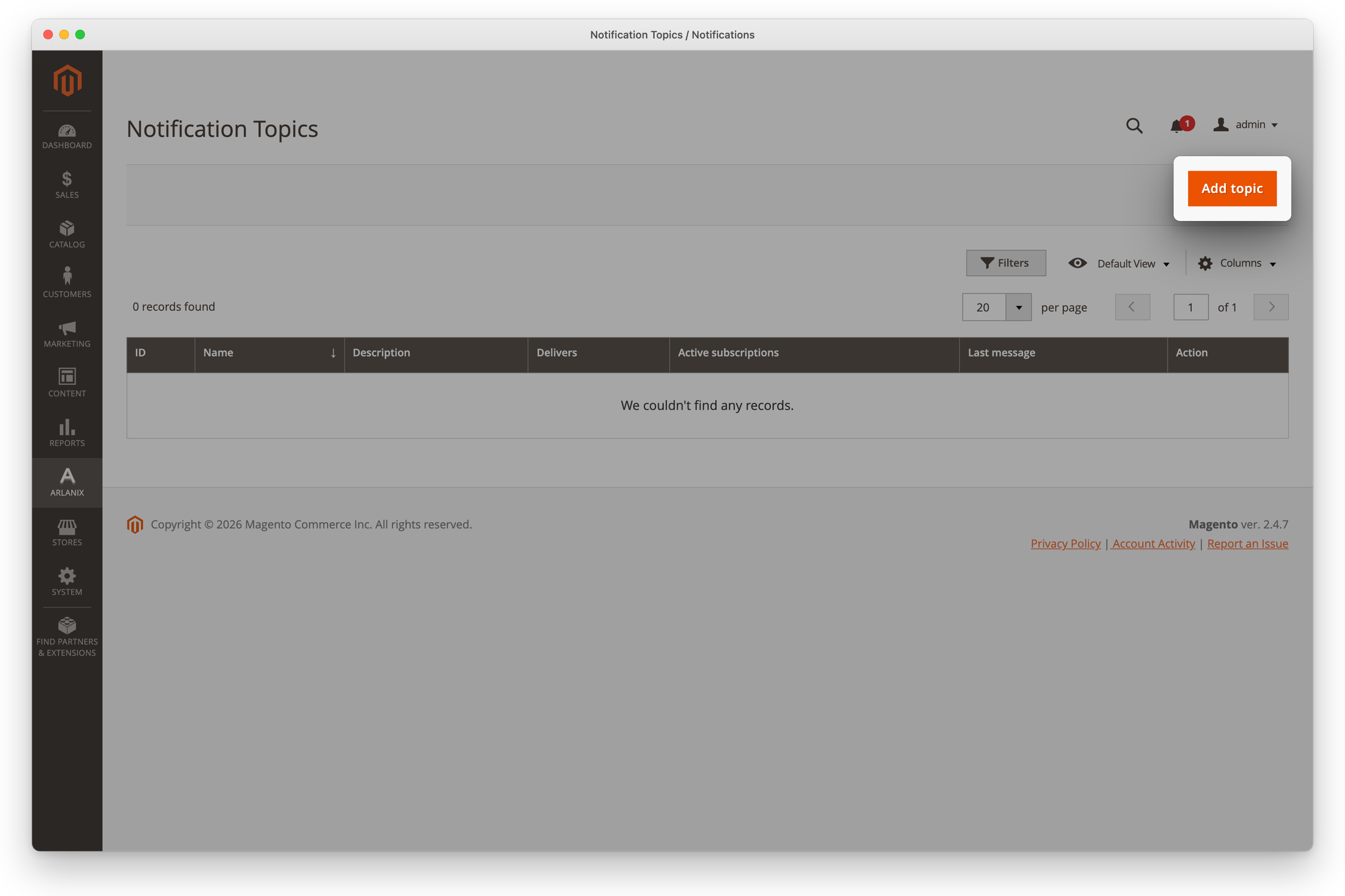 The Topics grid with the Add topic button