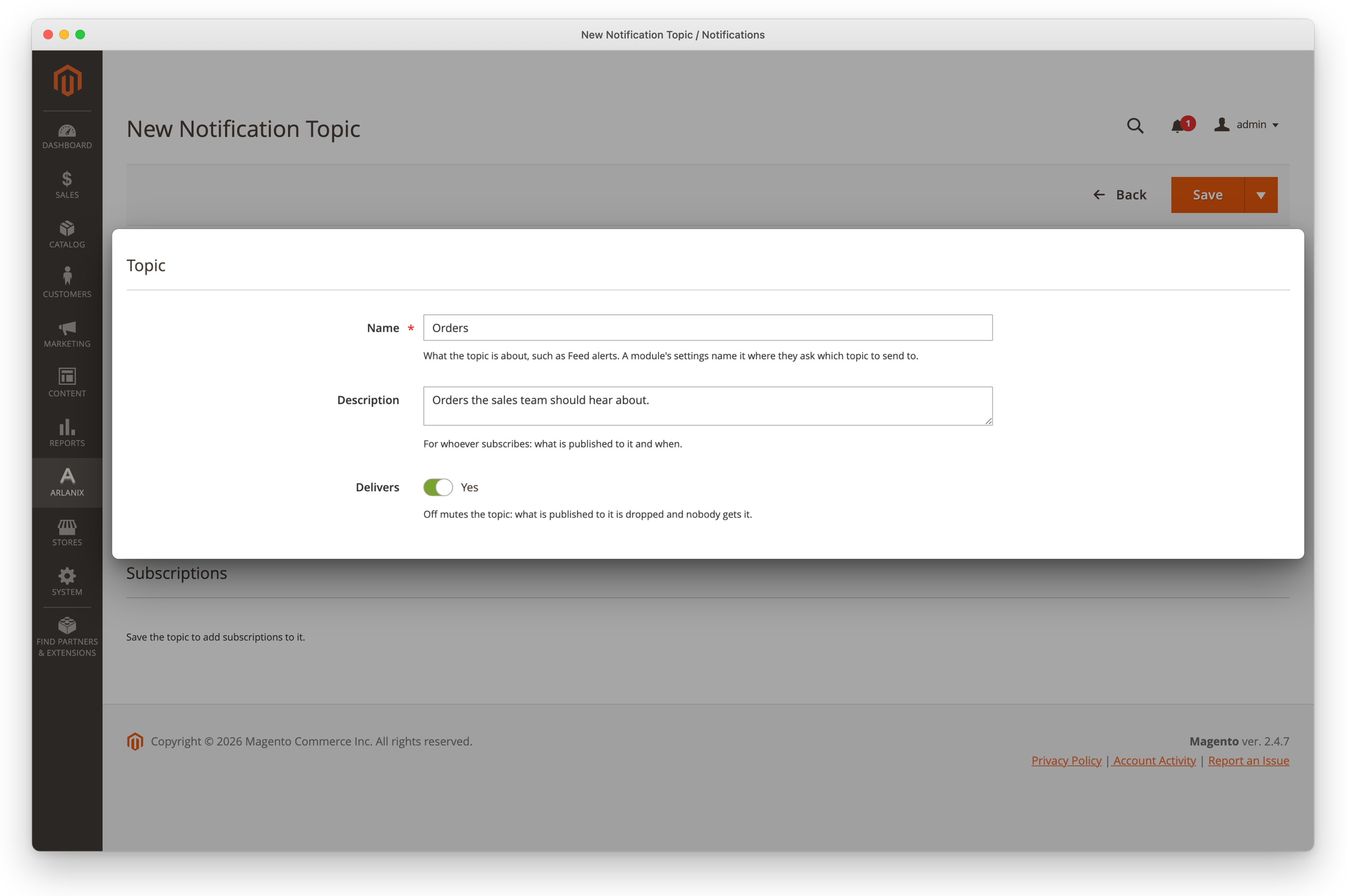 The topic form filled in: Orders, a description, Delivers on