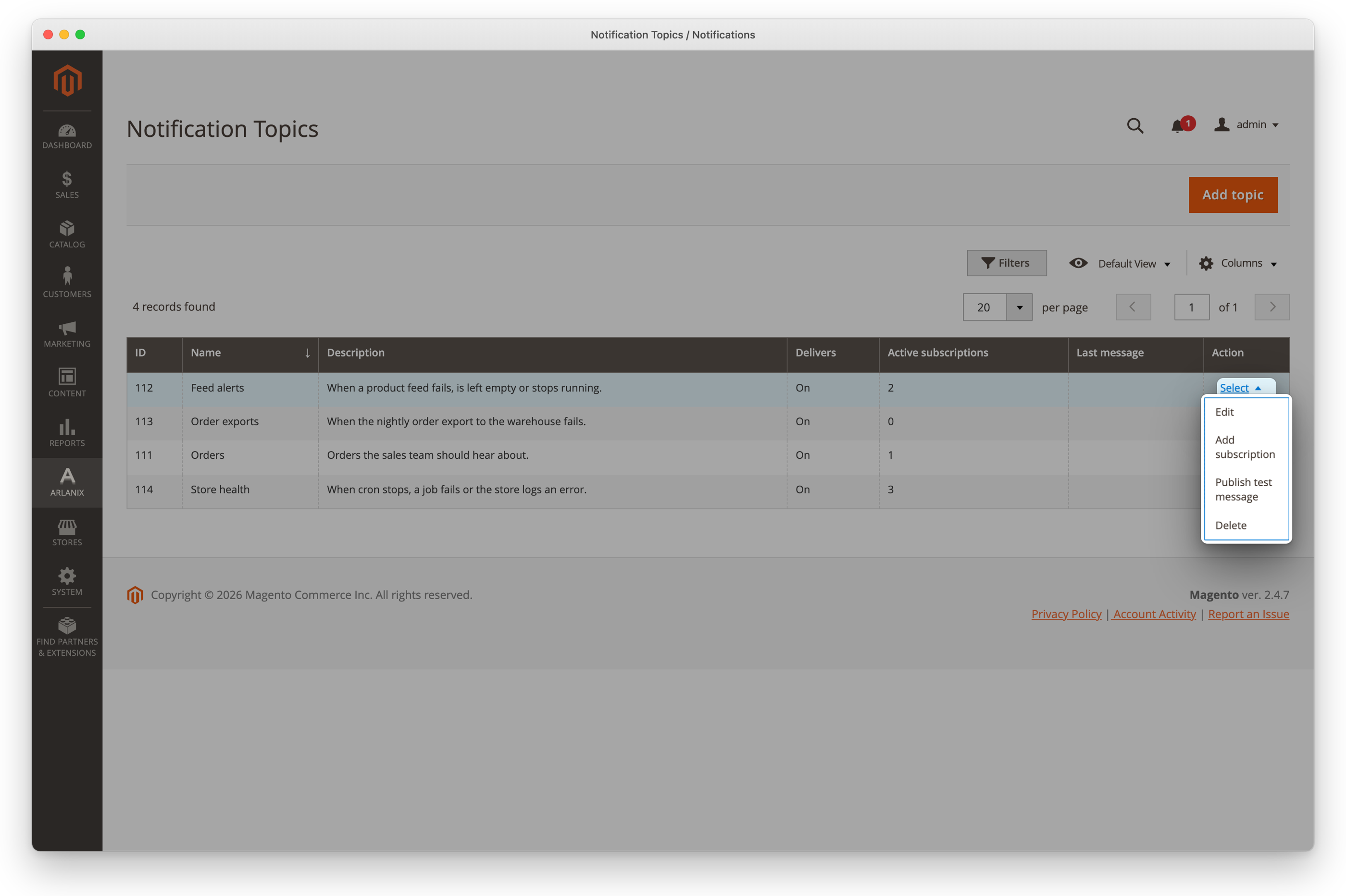 The Topics grid: Feed alerts' Select open, with Publish test message