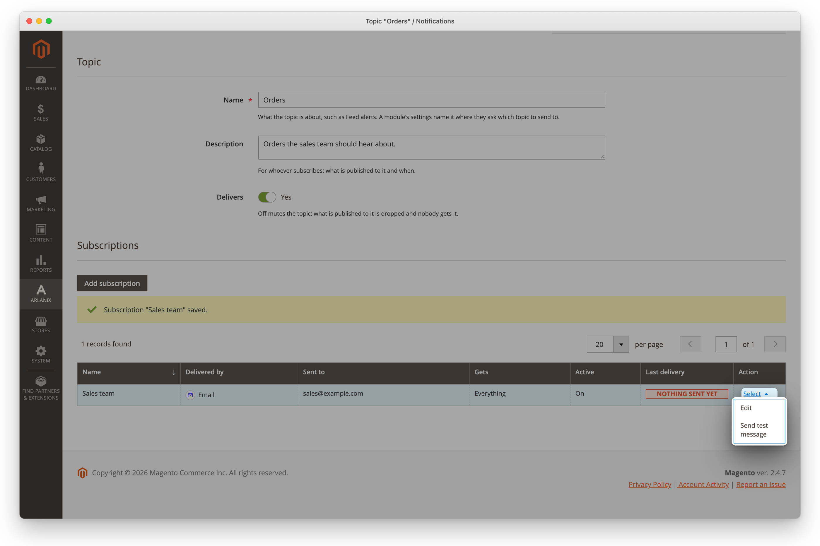 The Sales team row's Select open, with Send test message