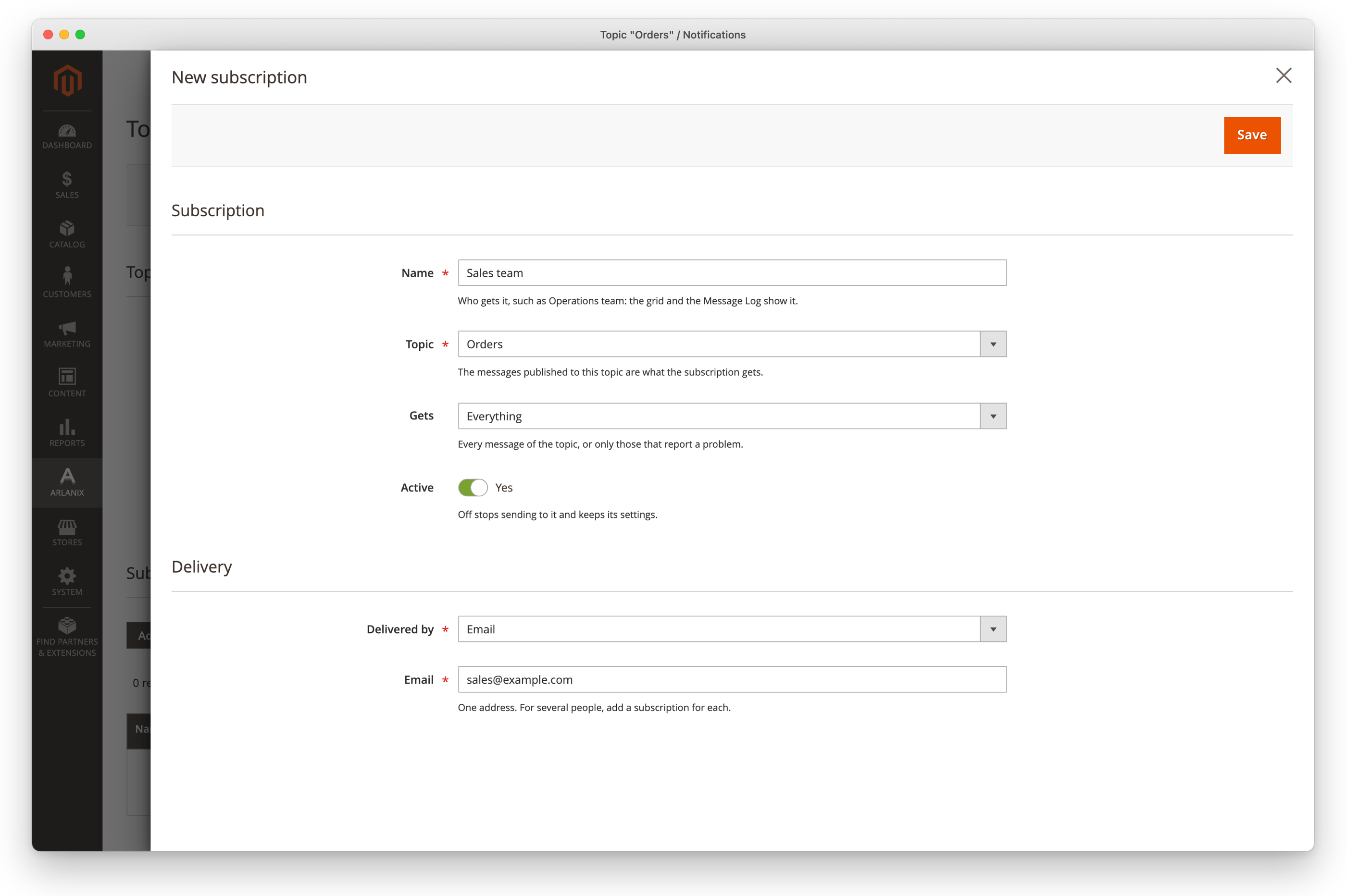 The panel filled in: Sales team, Orders, Everything, Email, sales@example.com