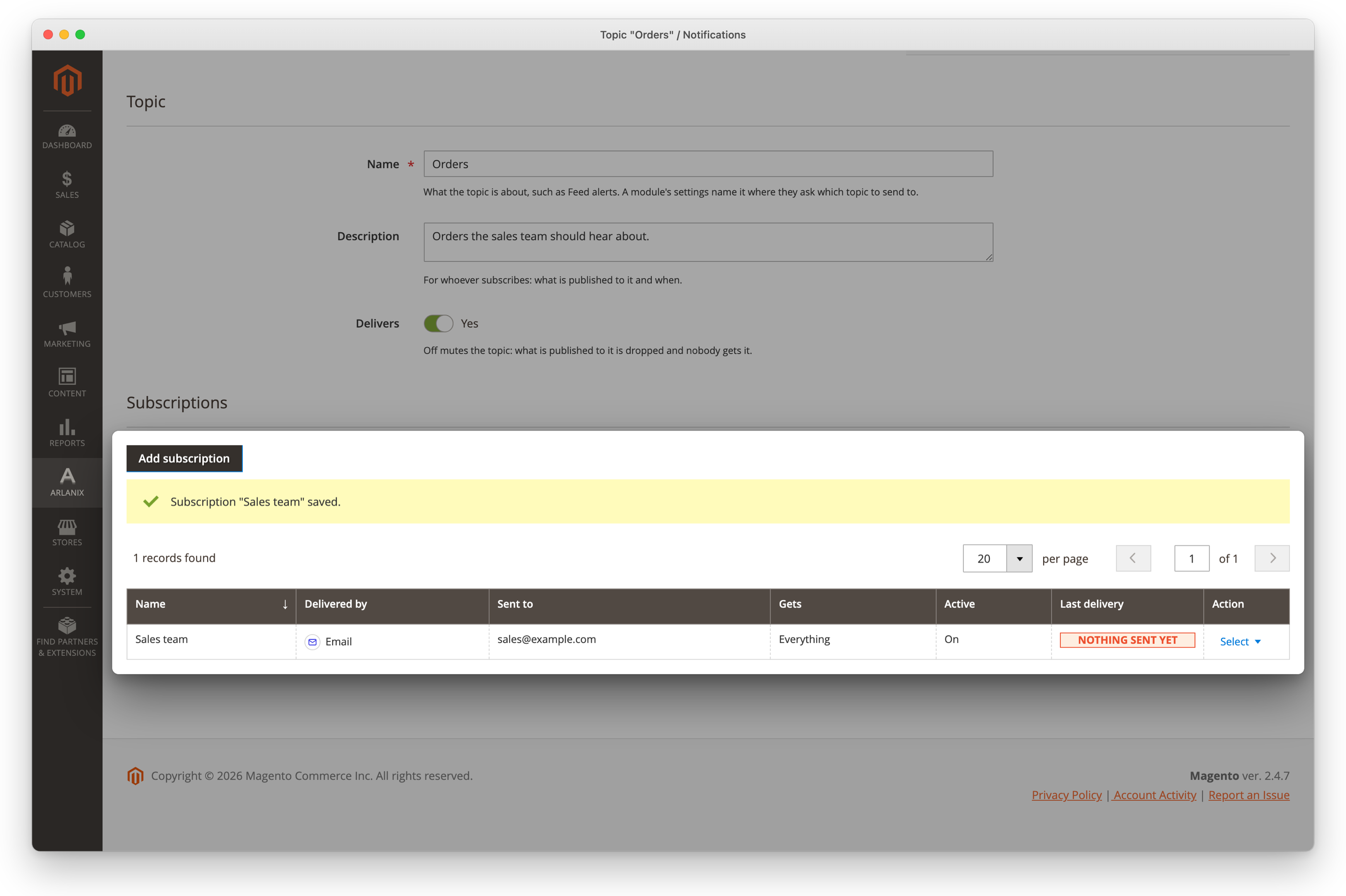 The topic's page after the save: Subscription "Sales team" saved., and the subscription in the list