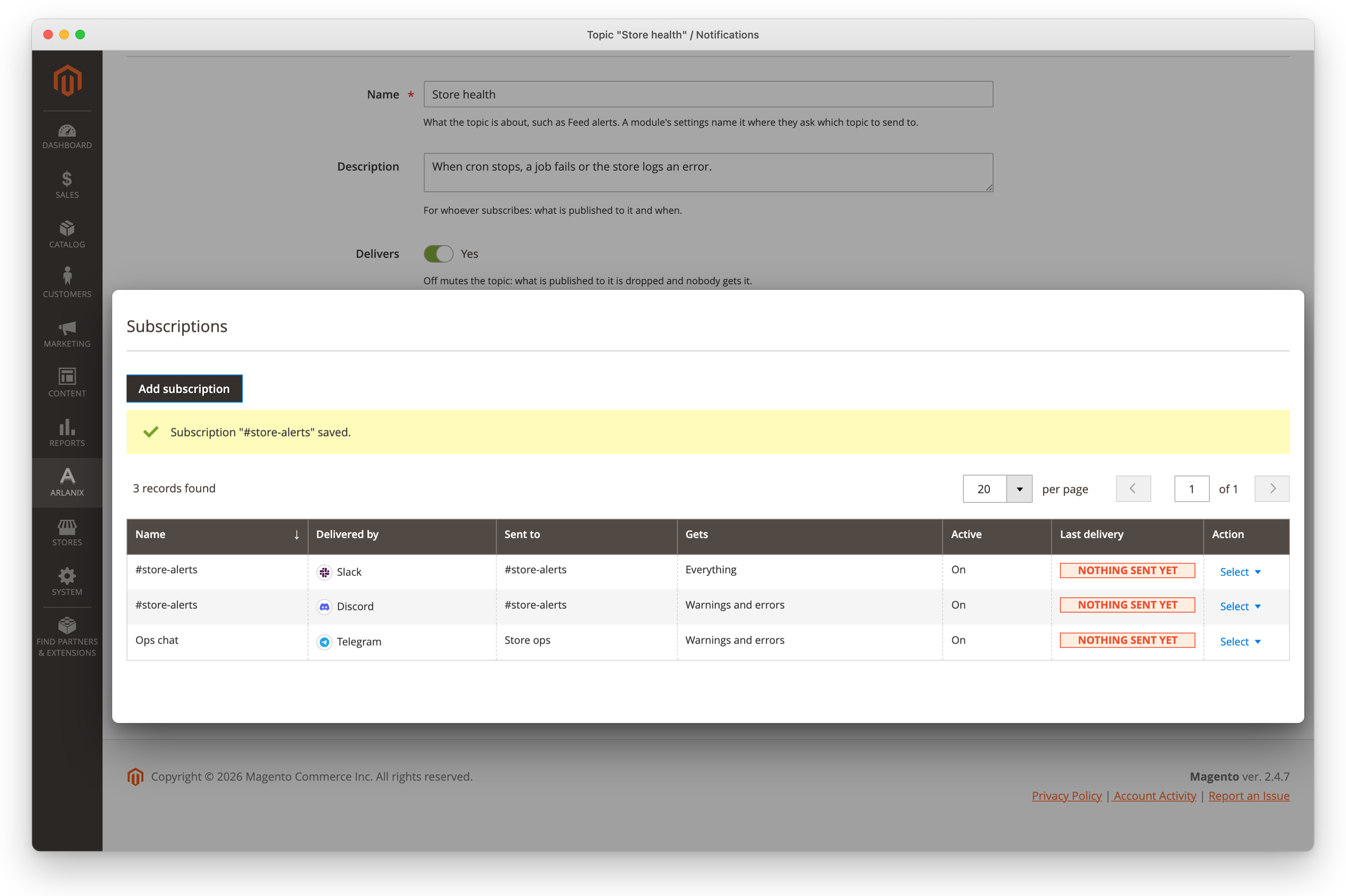A topic's page: its subscriptions, with Add subscription