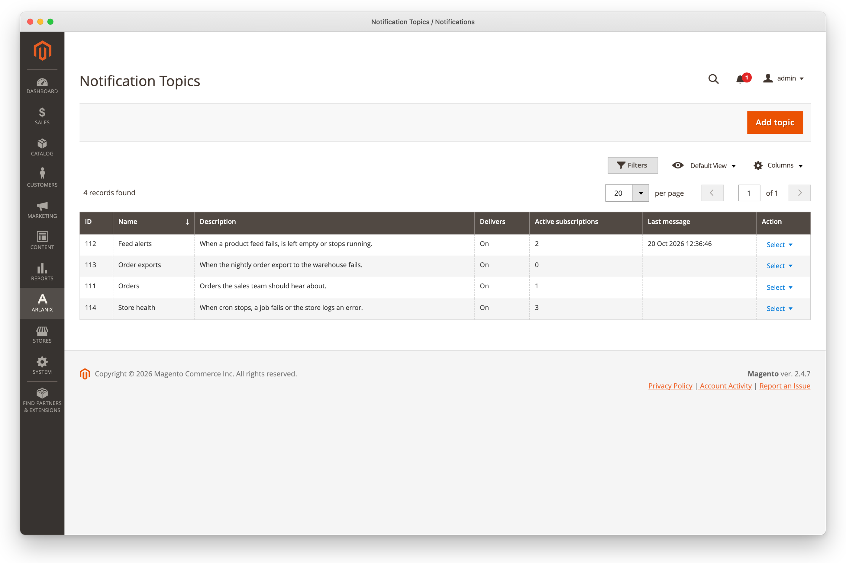 The Topics grid: name, description, whether it delivers, its active subscriptions and its last message