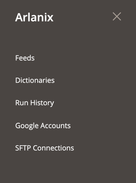 The Arlanix menu in the admin: Feeds, Dictionaries, Run History, Google Accounts, SFTP Connections