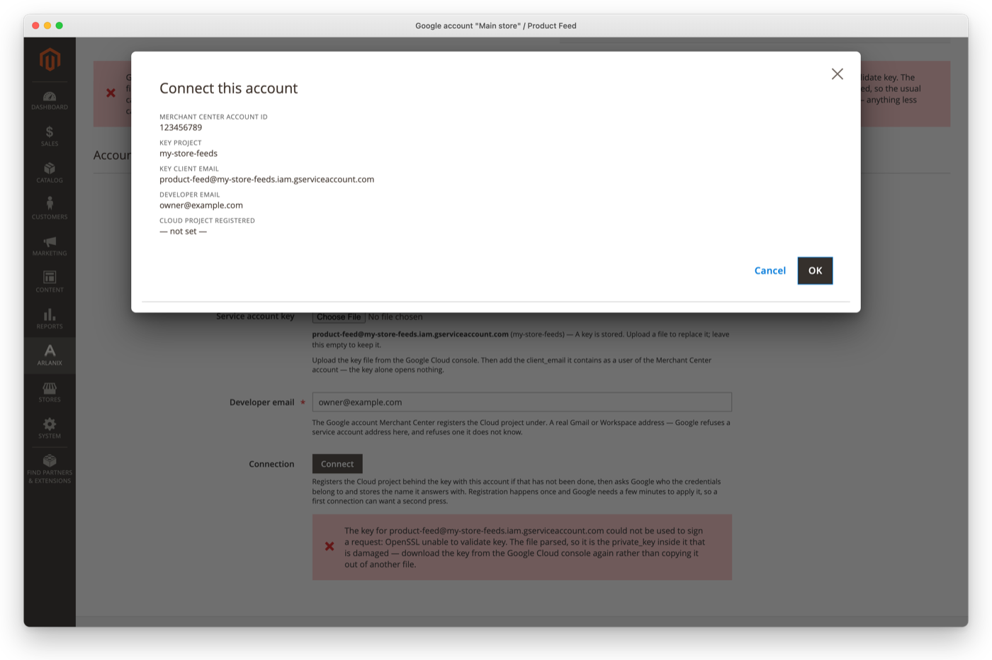 Connect this account: what Connect sends to Google, with Cancel and OK