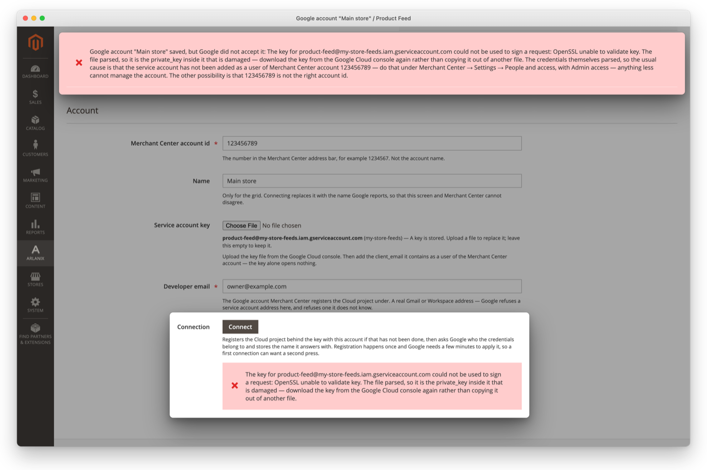 The account form after a save Google did not accept: the message at the top, and the reason under Connect