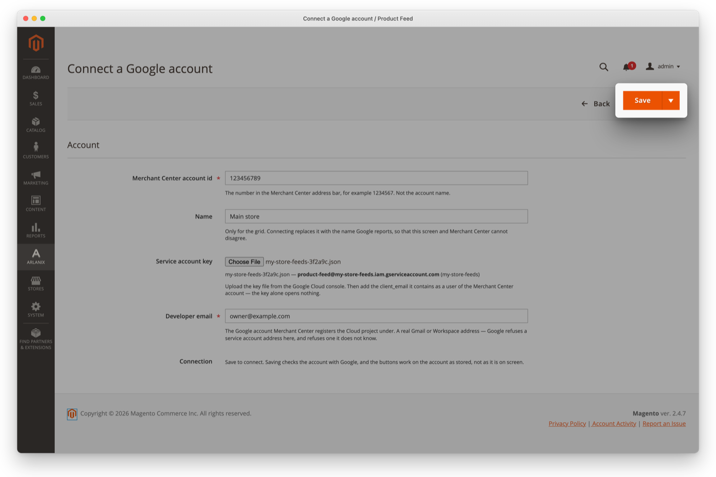The Save button above the account form